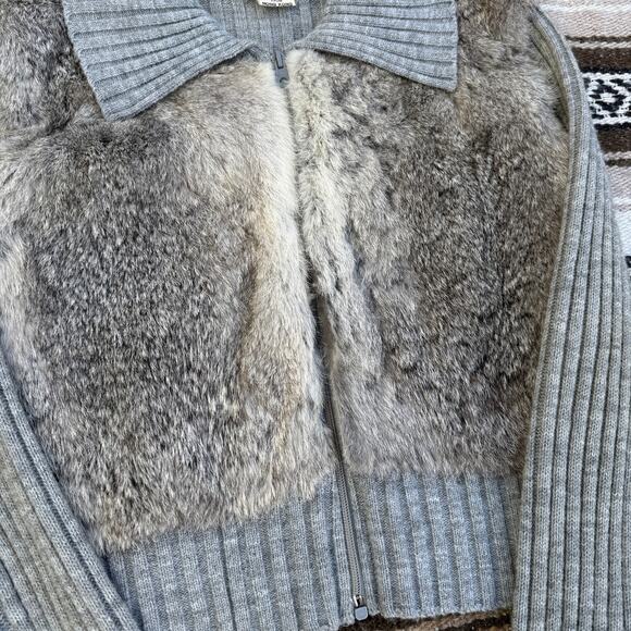 Women's Vintage 80's Rabbit Fur Skin Acrylic Gray Zip Up Ribbed Sweater Sz Large - Picture 2 of 8